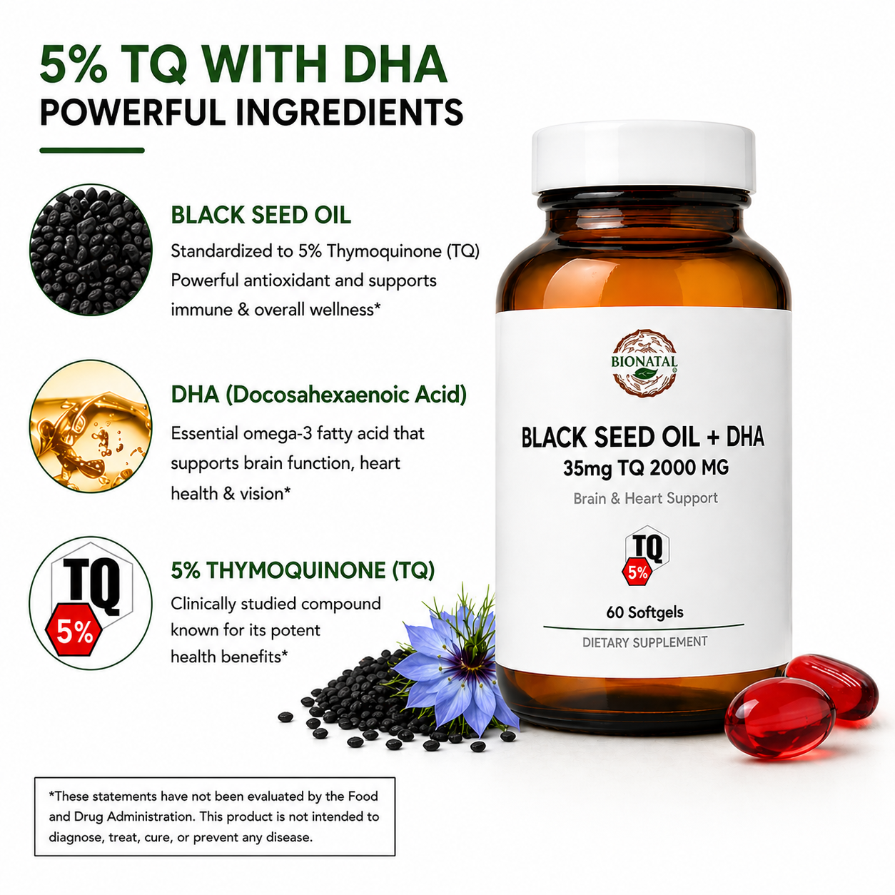 Black Seed Oil DHA Softgels 2000mg Nigella Sativa Omega-3