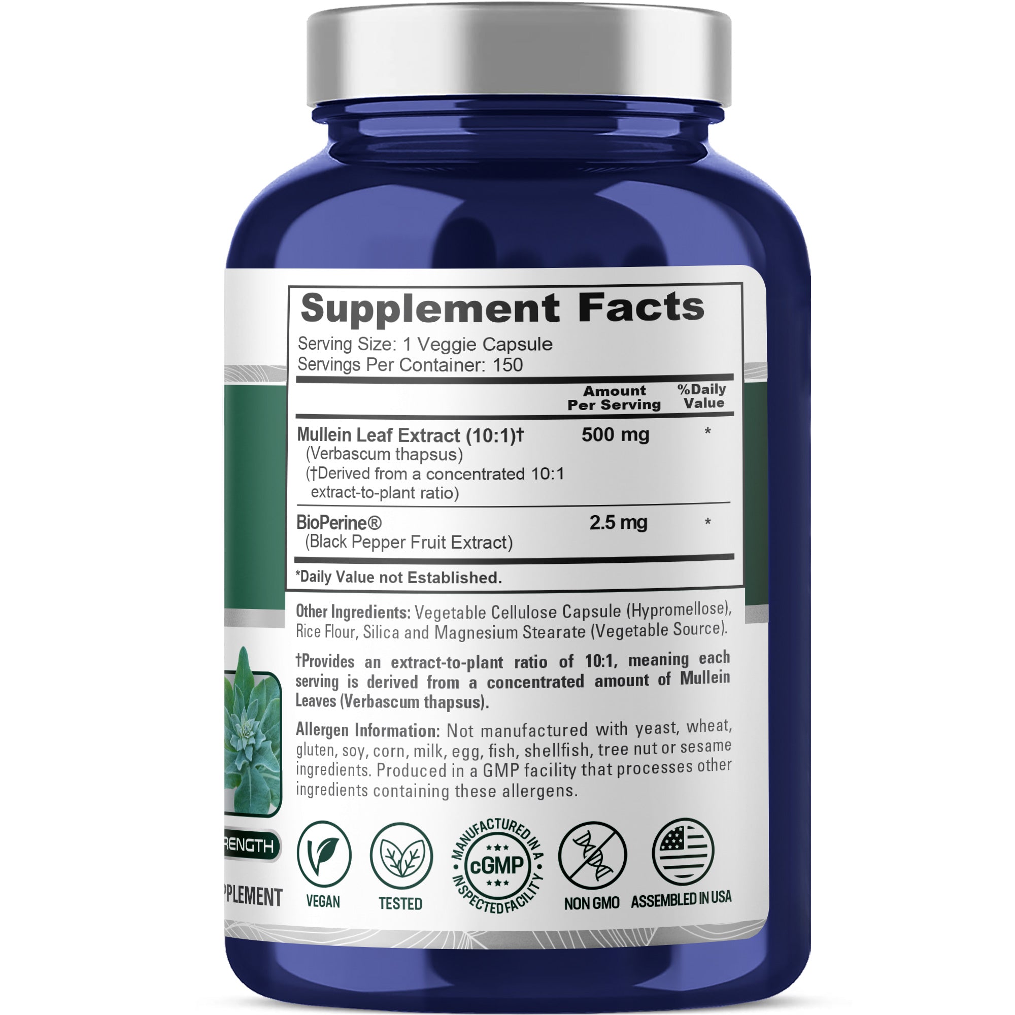 NusaPure Mullein Leaf Extract 500mg 150 Vegan Capsules