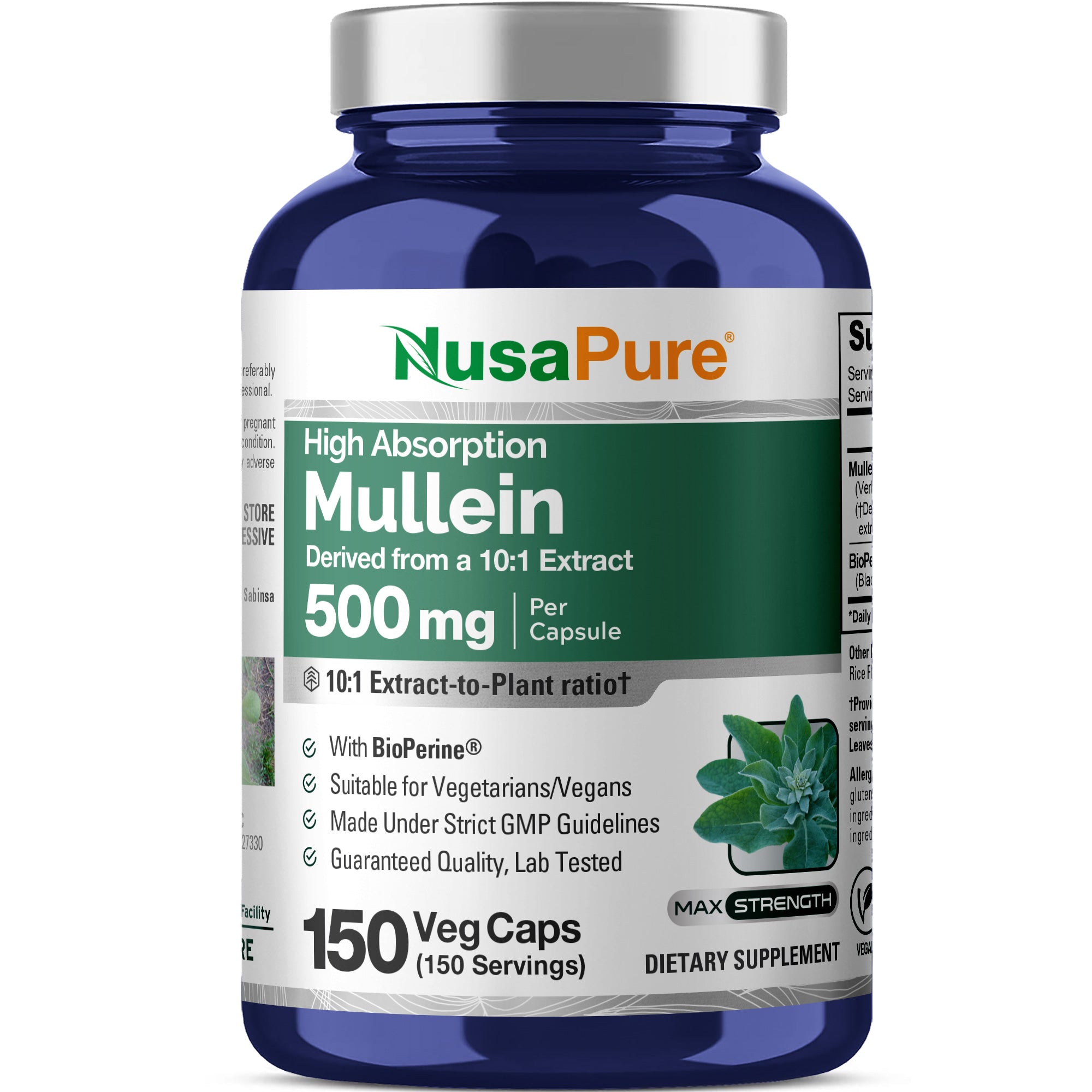 NusaPure Mullein Leaf Extract 500mg 150 Vegan Capsules
