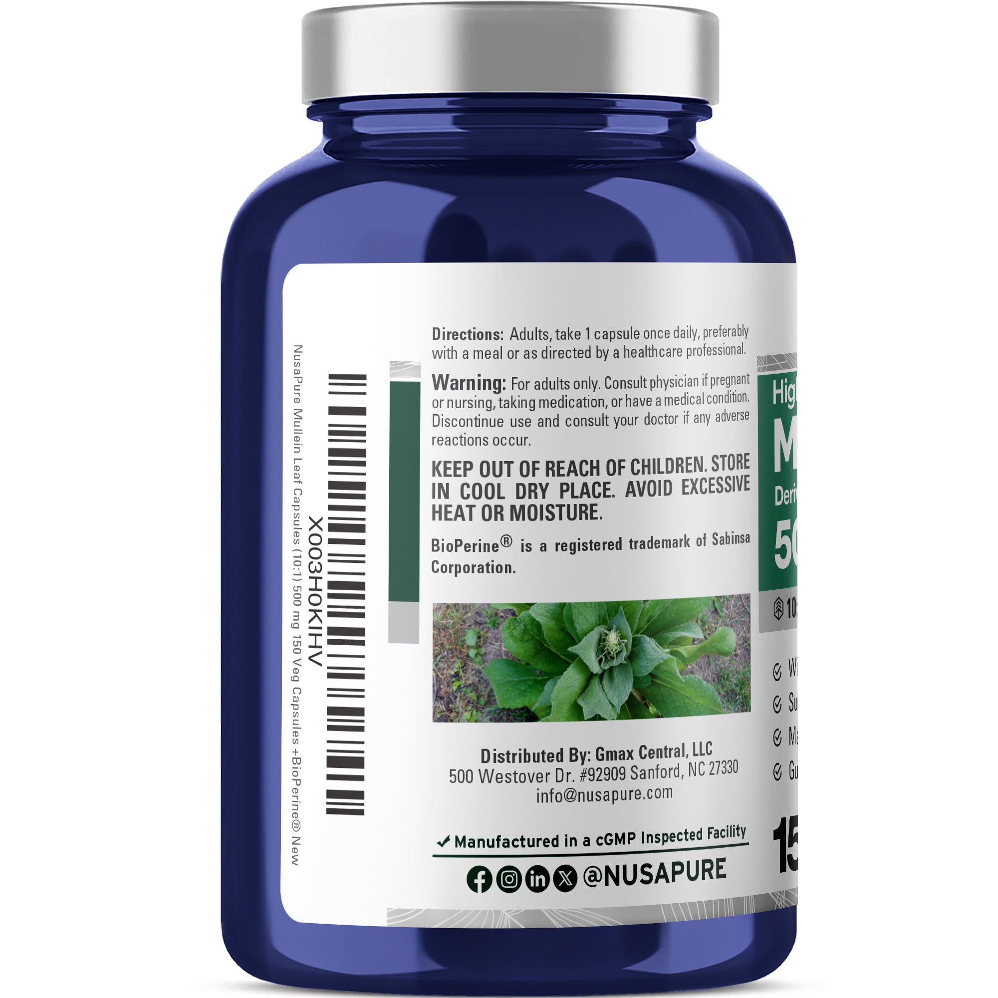 NusaPure Mullein Leaf Extract 500mg 150 Vegan Capsules