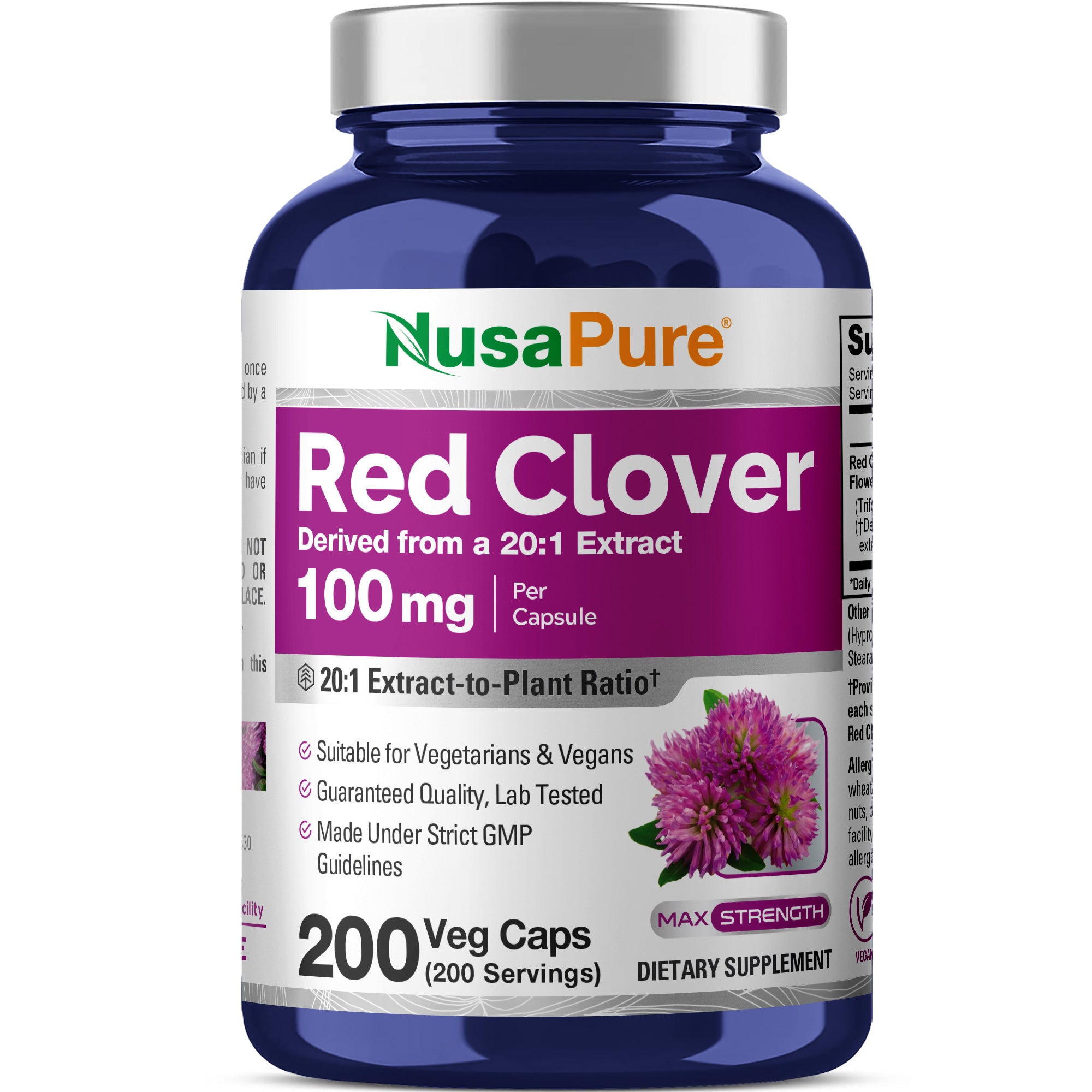 NusaPure Red Clover Blossoms Extract 100mg 200 Veg Capsules