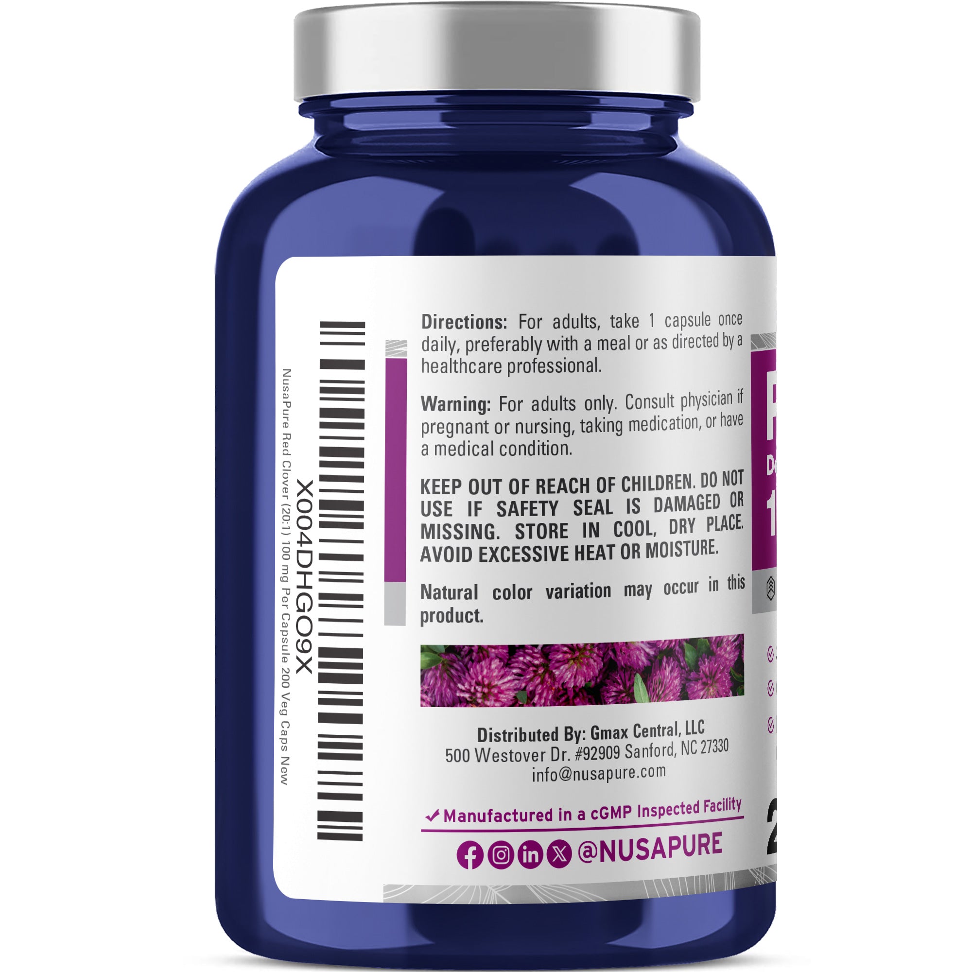NusaPure Red Clover Blossoms Extract 100mg 200 Veg Capsules