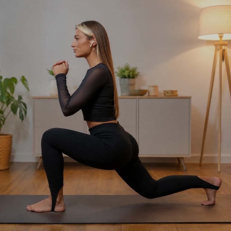 A woman in a black athletic long-sleeve crop top and leggings performs a lunge exercise on a black yoga mat in a modern, softly lit room with a wooden floor, potted plant, and floor lamp.