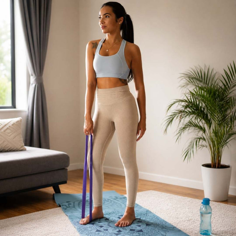 A woman stands barefoot on a blue yoga mat in a bright room, wearing a light blue sports bra and beige ribbed leggings while holding a purple resistance band. A sofa, window, curtains, and potted plant are visible in the background.
